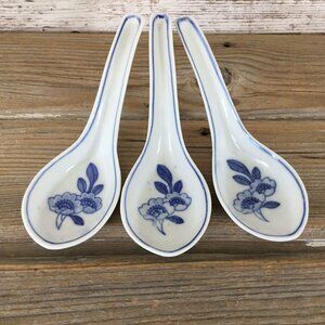 Set Of 3 Blue & White Porcelain Soup Spoons With Floral Design